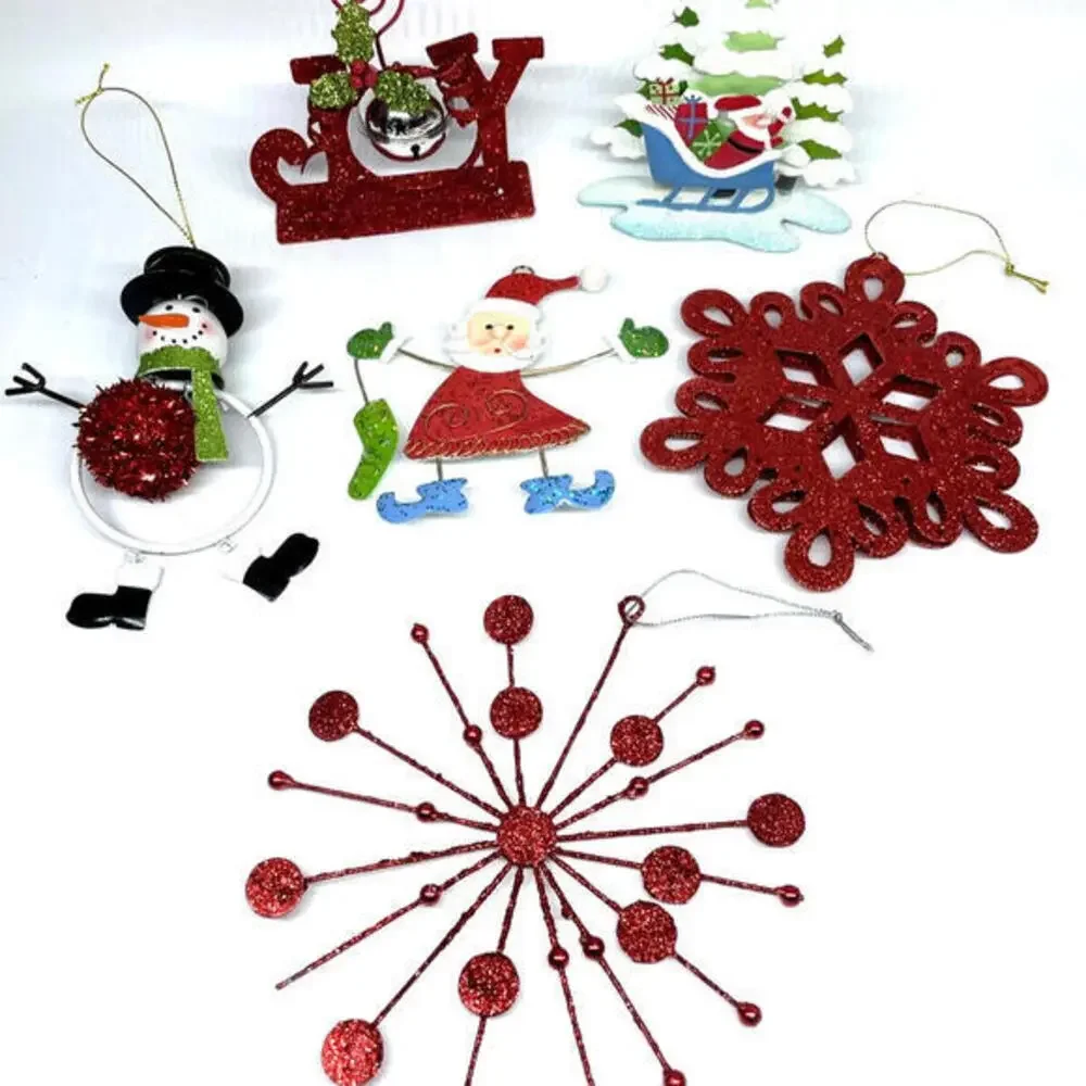 Metal Painted Santa Snowman Glitter Bell Christmas Ornaments LOT‎ of 6